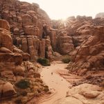 a person walking through a canyon in the desert