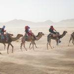 group of people riding camel on sand dune